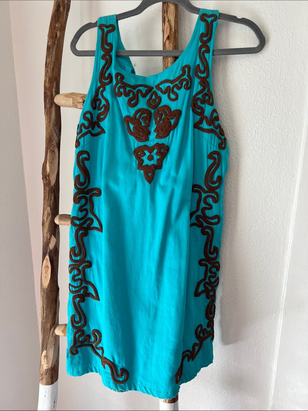Young Threads Western Turquoise Brown Embroidered Cotton Mini Keyhole Back Dress
